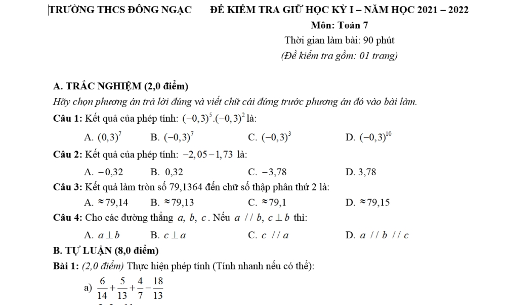 Toán 7: Đề kiểm tra giữa học kỳ 1. Trường THCS Đông Ngạc năm học 2021-2022